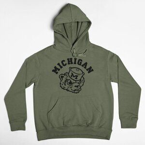 NEW Michigan Wolverines Mascot Arch Pullover Fleece Hoodie MILITARY ARMY GREEN